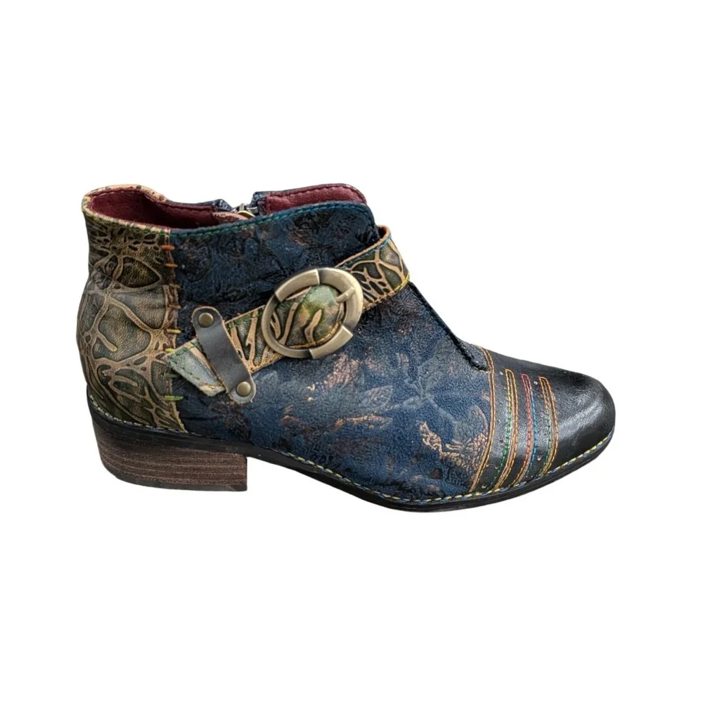 L'Artiste Spring Step Georgiana Blue Floral Leather Ankle Boots Rainbow- 6.5